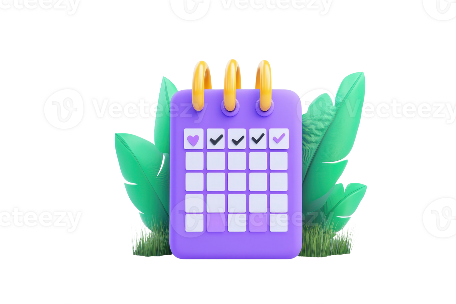 A colorful calendar with checkmarks, featuring three rings and surrounded by stylized leaves. png