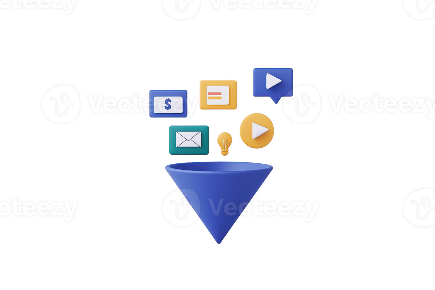 A blue funnel with various icons representing different types of information or services flowing into it. png