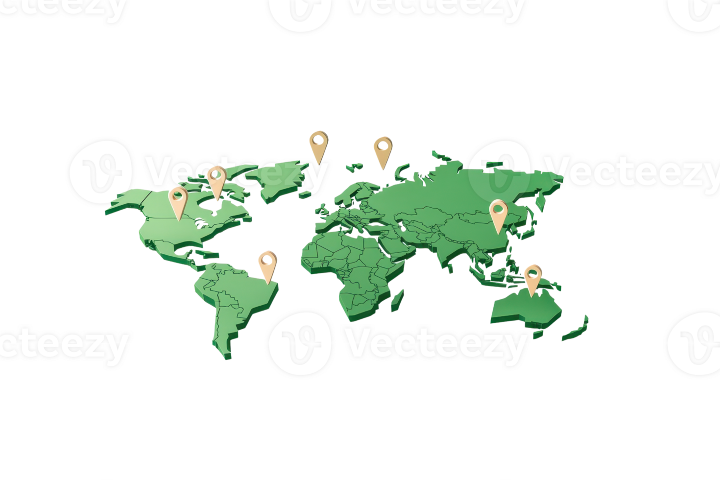 A green world map with location markers indicating various geographical points. png