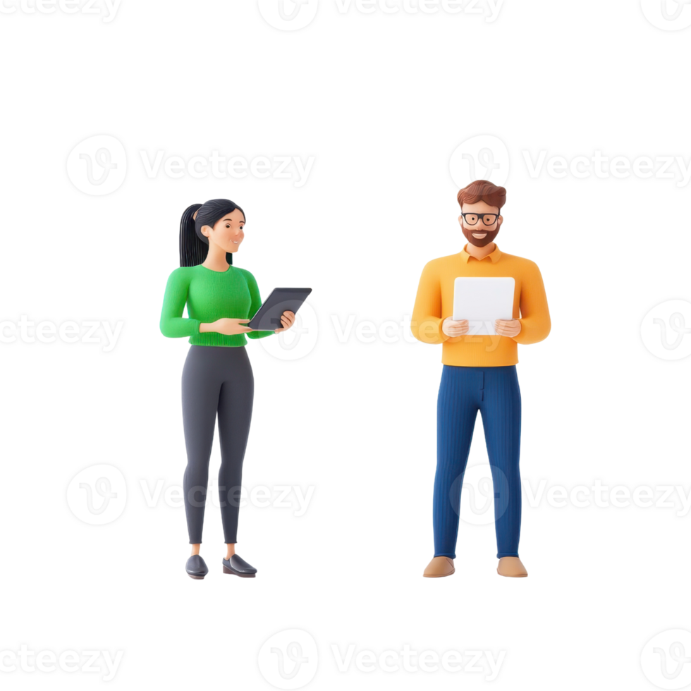 Two stylized characters, a woman in green holding a tablet and a man in orange holding a sheet of paper, engage in a discussion. png