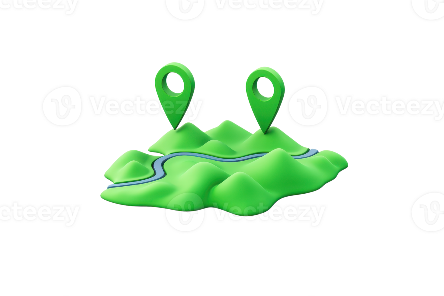 A vibrant green landscape featuring two location pins and a winding river, representing navigation and geographical exploration. png