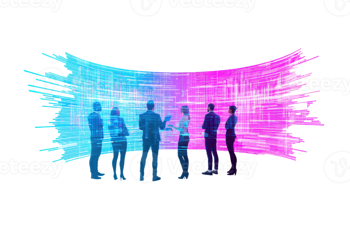 A group of silhouetted figures engaged in discussion in front of a vibrant, colorful digital display. png