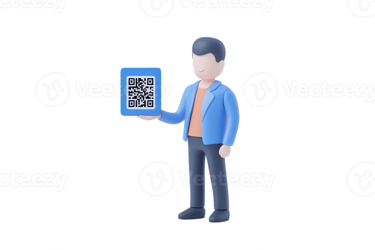 A stylized figure holds a QR code, wearing a blue jacket and orange shirt, symbolizing technology and digital interaction. png