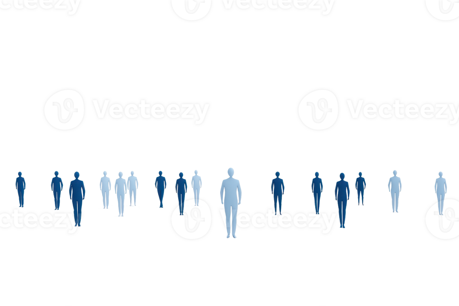 A group of figures in varying shades of blue, with one prominently standing out in the center. png