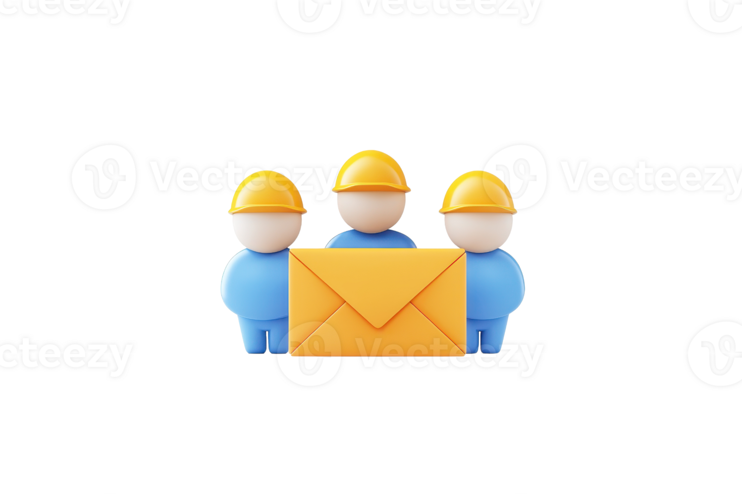 Three cartoon figures wearing hard hats stand together, holding an envelope, symbolizing communication and teamwork in a construction context. png