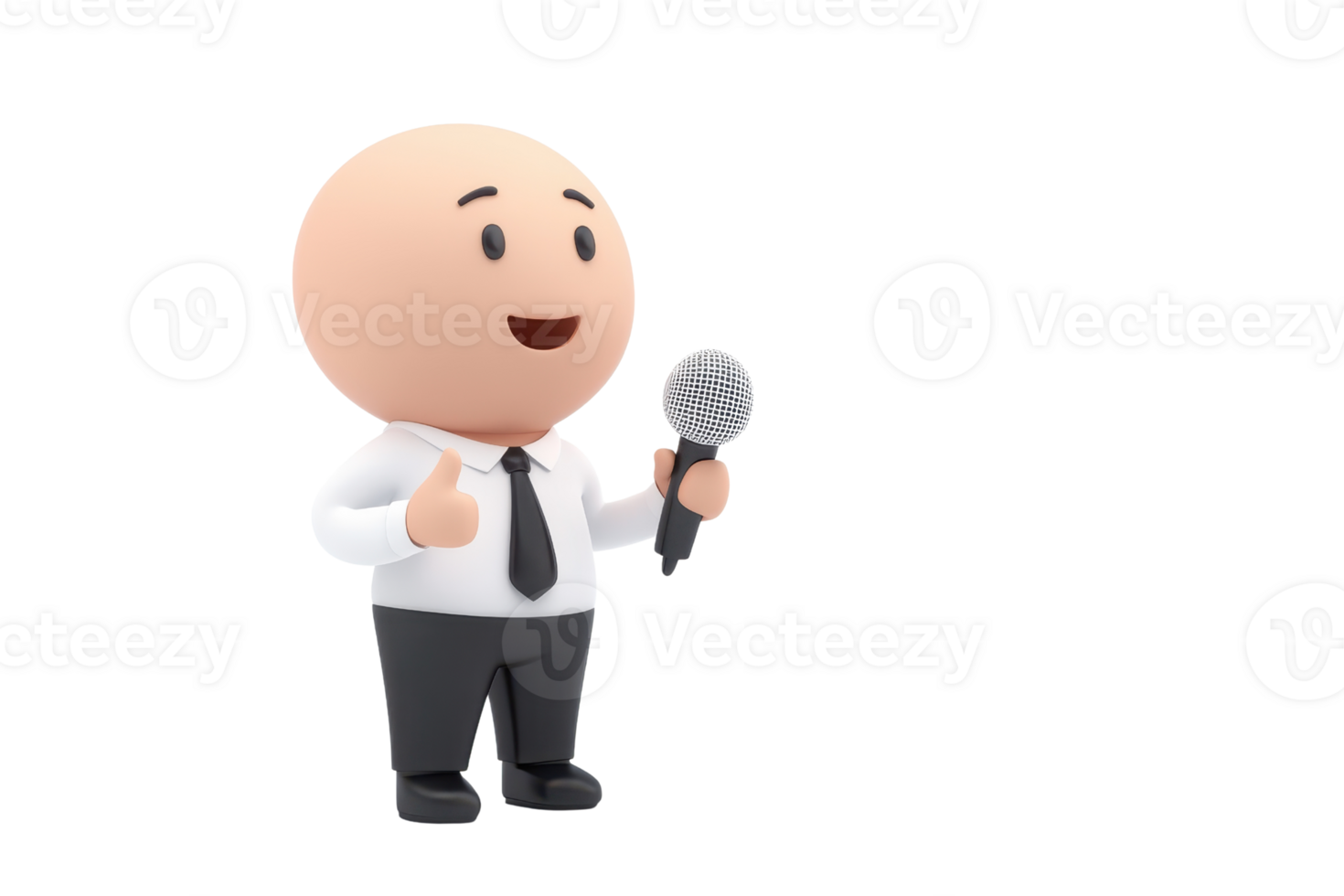 A cheerful character in a business suit holds a microphone, appearing ready to engage or present in a speaking scenario. png