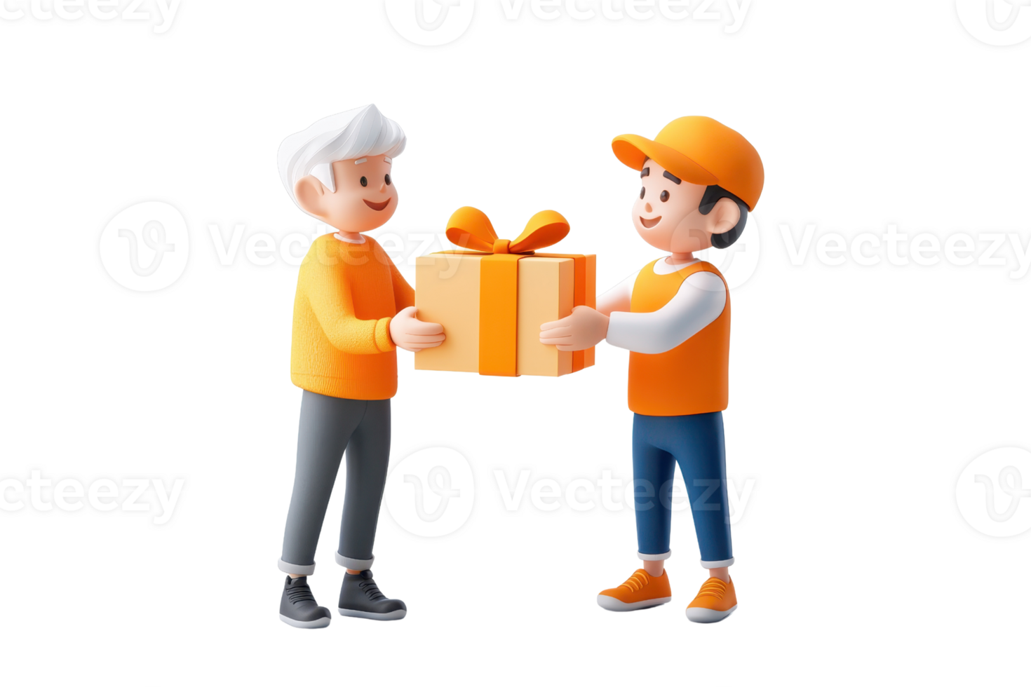 Two animated characters exchanging a gift box, showcasing a friendly interaction with bright, cheerful colors. png