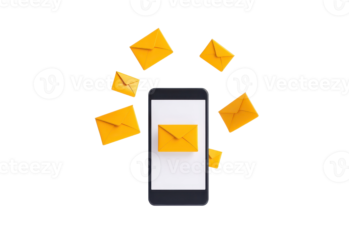 A smartphone displays an envelope, surrounded by multiple flying envelopes, symbolizing digital communication. png