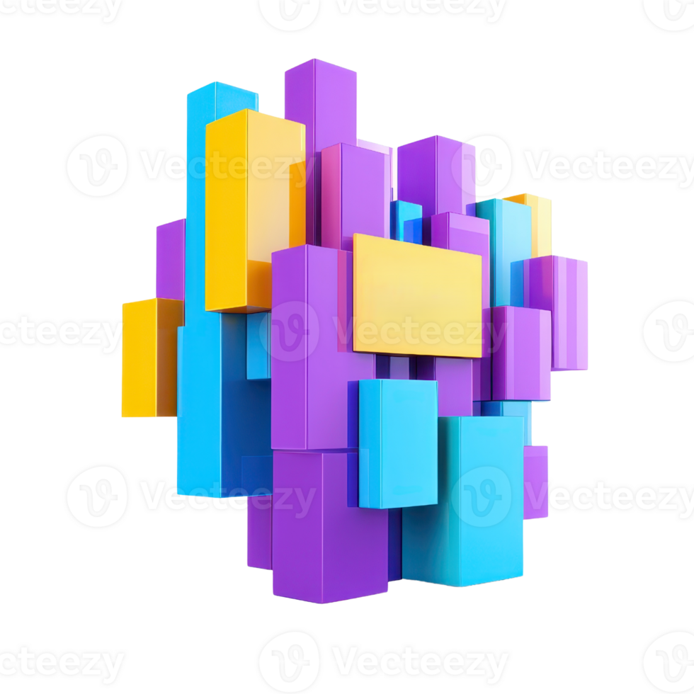 A colorful, abstract arrangement of geometric blocks in various sizes and orientations, showcasing vibrant hues like purple, blue, and yellow. png