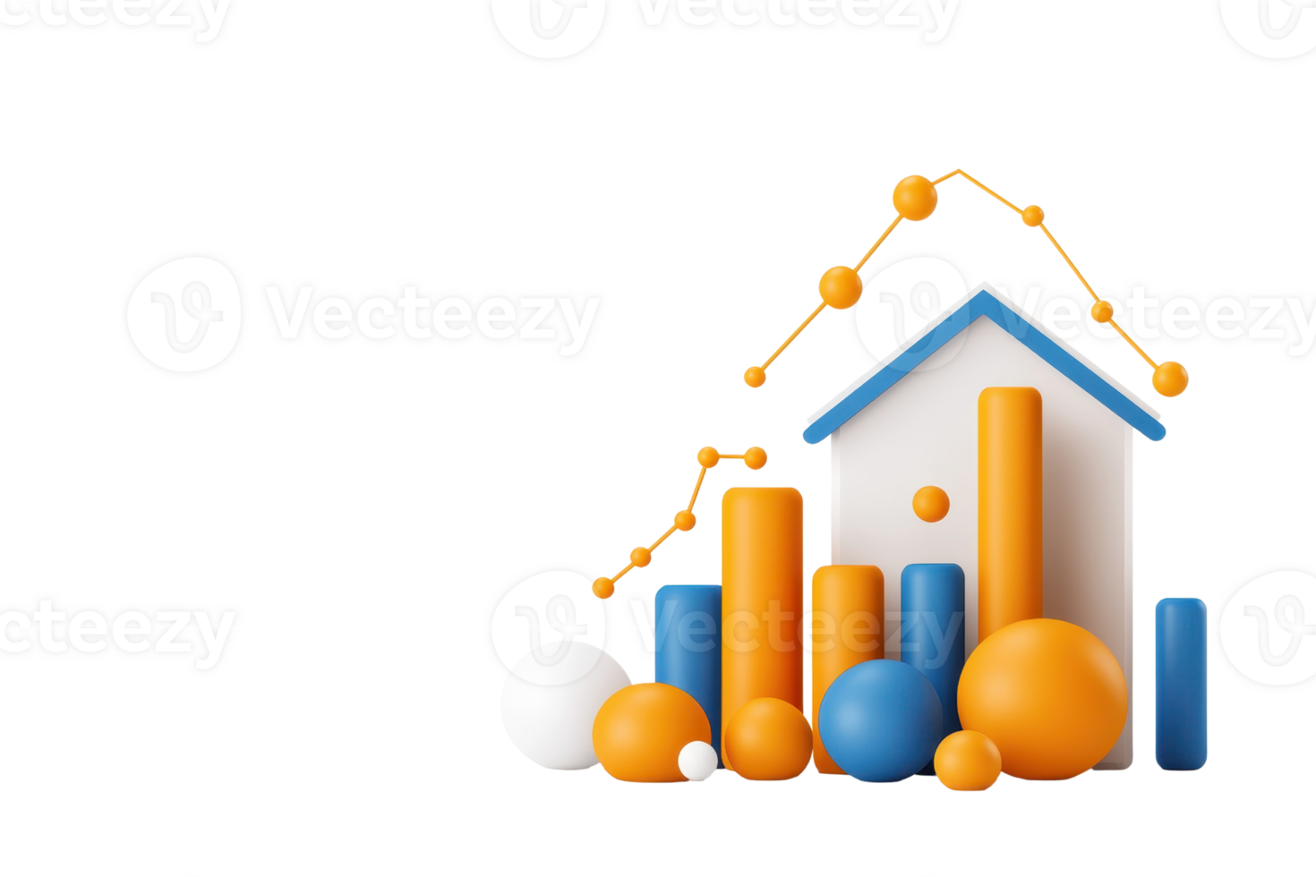 A stylized house with colorful geometric shapes representing data and growth analytics, featuring bars and spheres in blue, orange, and white. png
