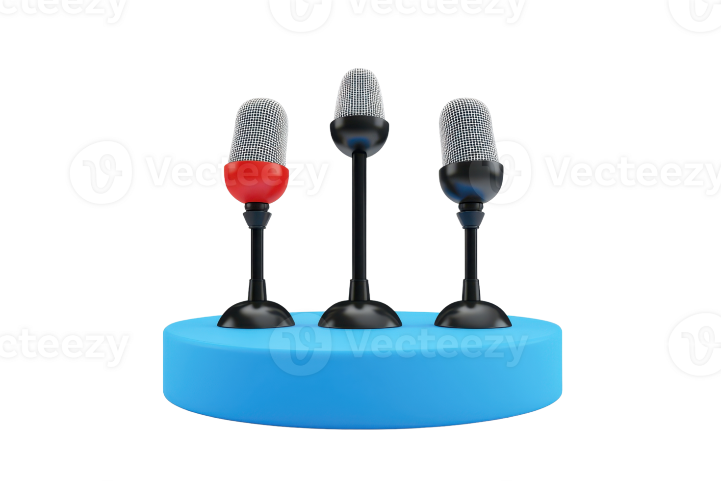 Three distinct microphones on stands, featuring red, black, and silver colors, arranged on a circular blue base. png