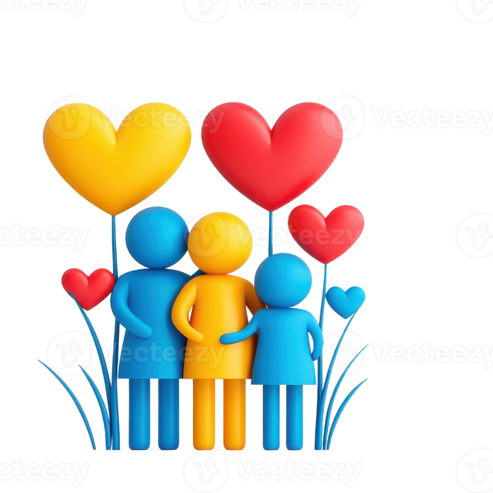Colorful figures surrounded by heart-shaped balloons, symbolizing love and family unity. png