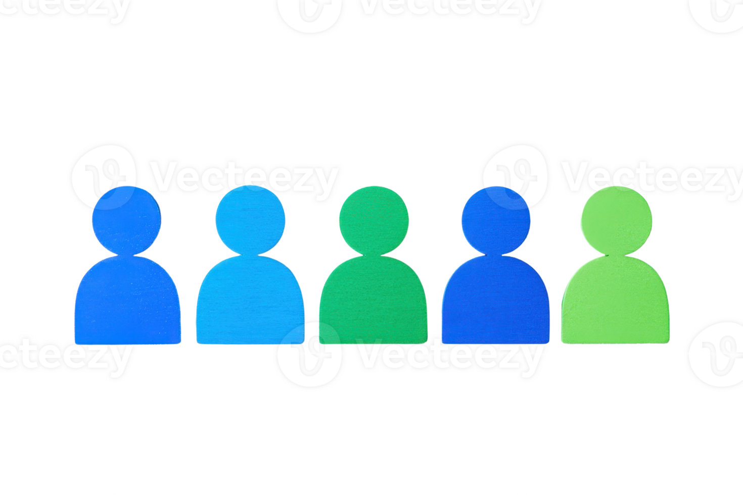 A series of stylized human figures arranged in a row, each featuring a different shade of blue and green. png