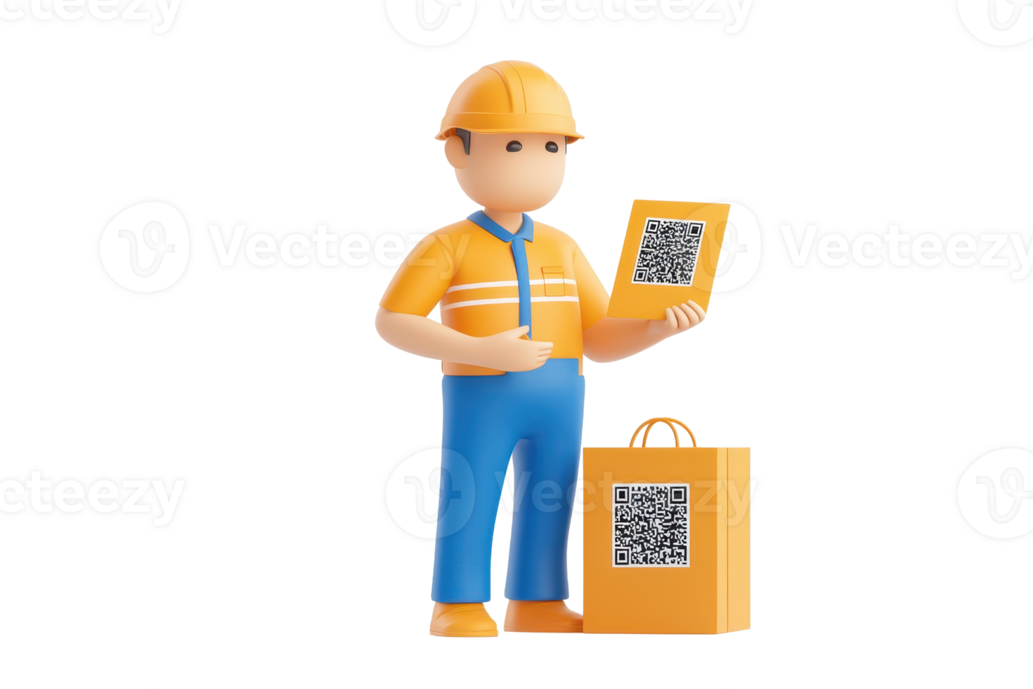 A cartoon worker in a hard hat holds a QR code on a sign while standing next to a yellow delivery bag. png
