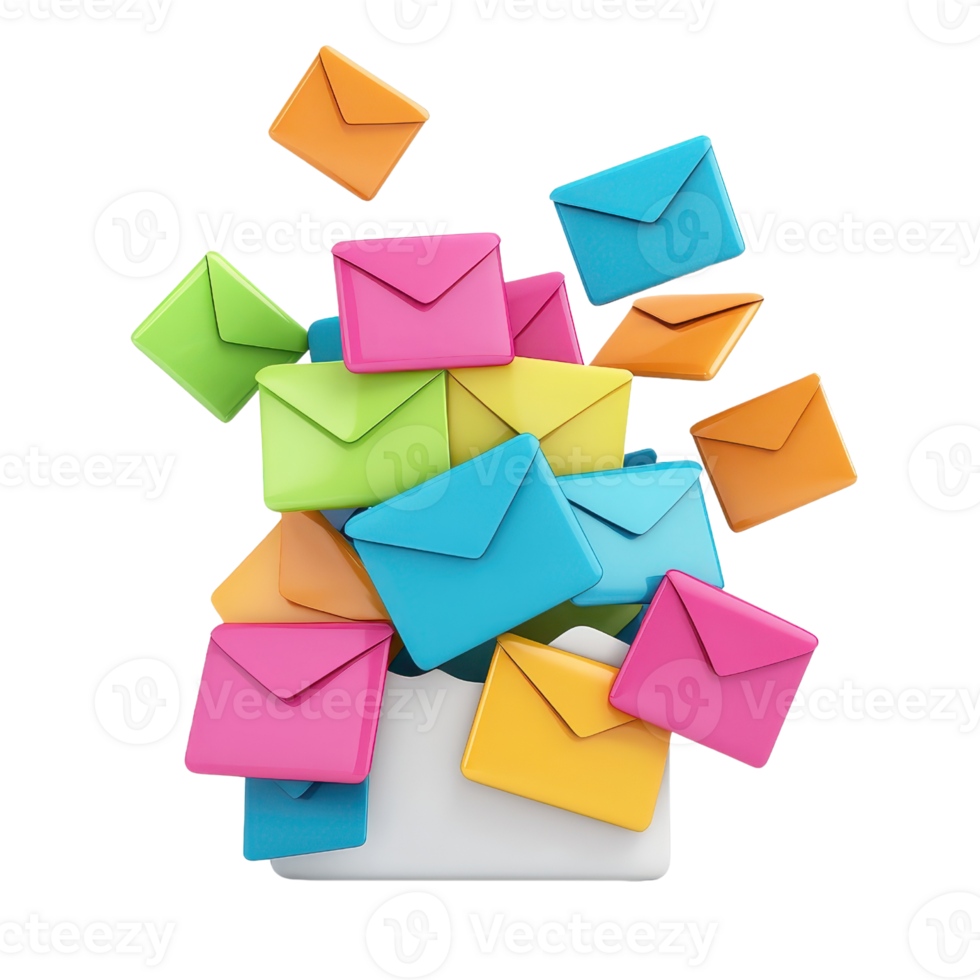 A vibrant collection of colorful envelopes emerging from a white container, symbolizing communication and correspondence. png