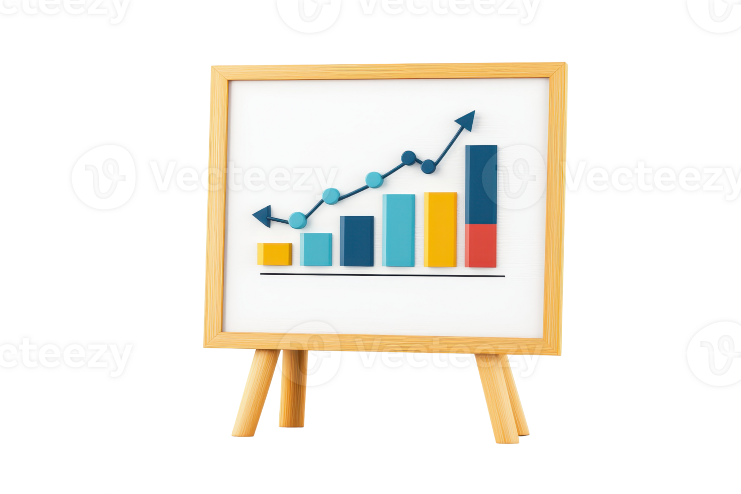 A framed chart on an easel displaying a rising graph with colorful bars and arrows indicating growth and progress. png