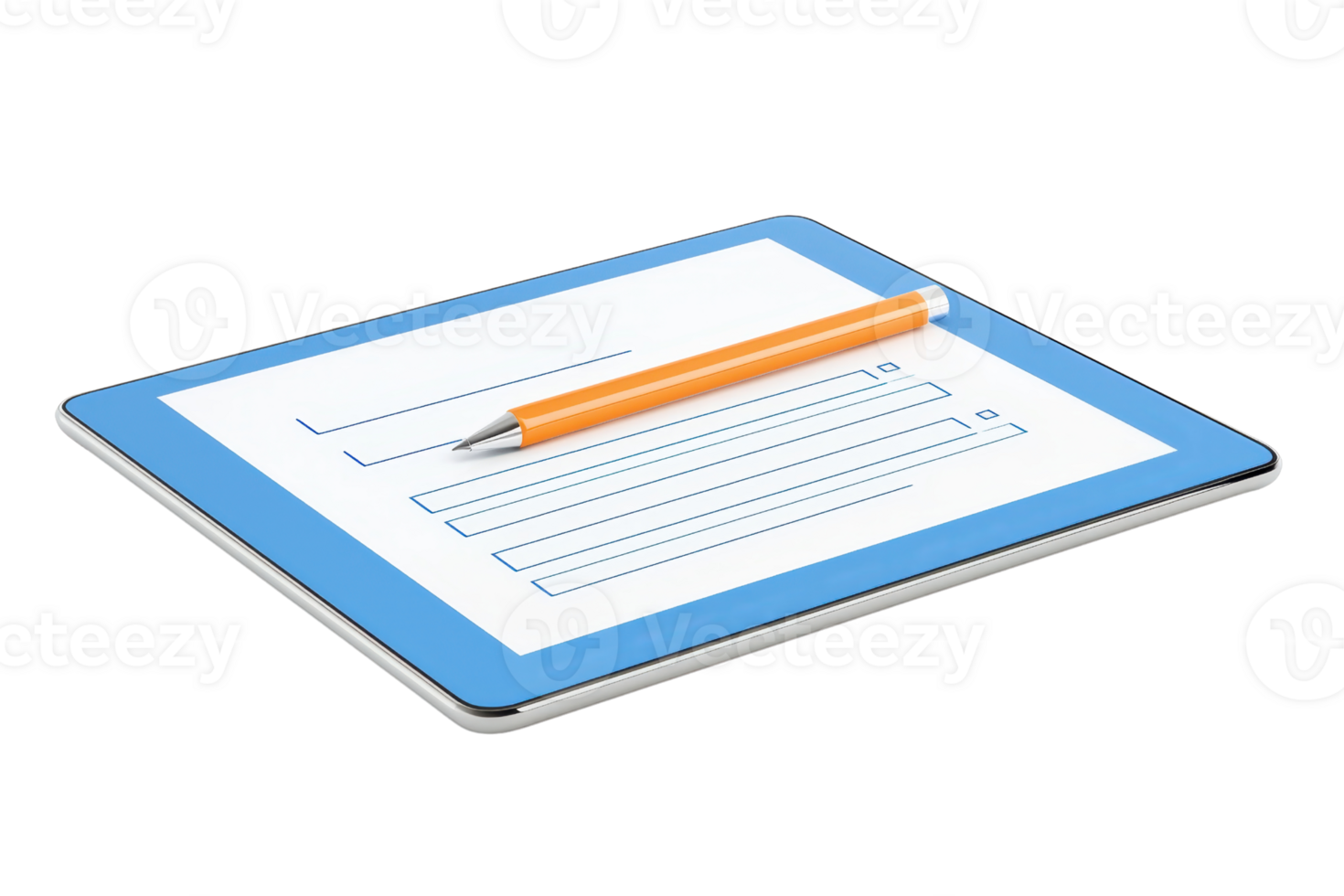 A digital tablet displaying a form with a pencil resting on top, highlighting modern technology and productivity. png