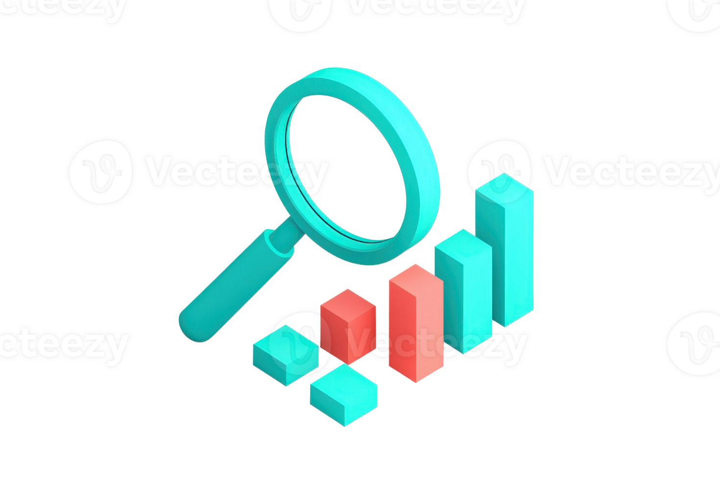 A magnifying glass focuses on ascending bar graphs representing data analysis and growth trends. png