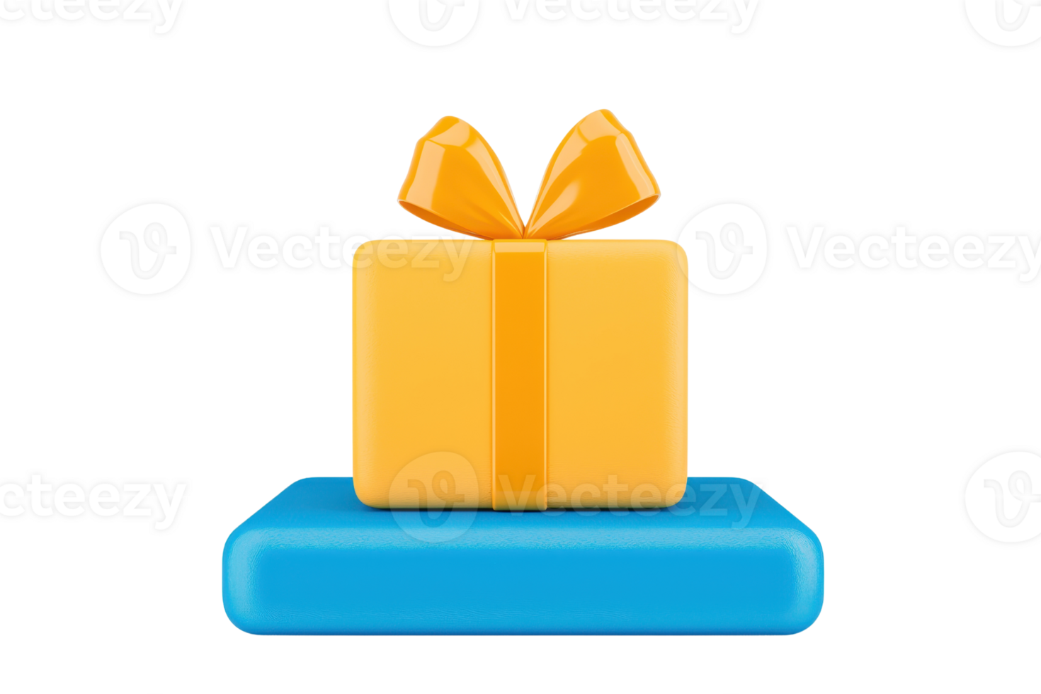 A vibrant yellow gift box with a bow sits atop a blue platform, symbolizing celebration and surprise. png