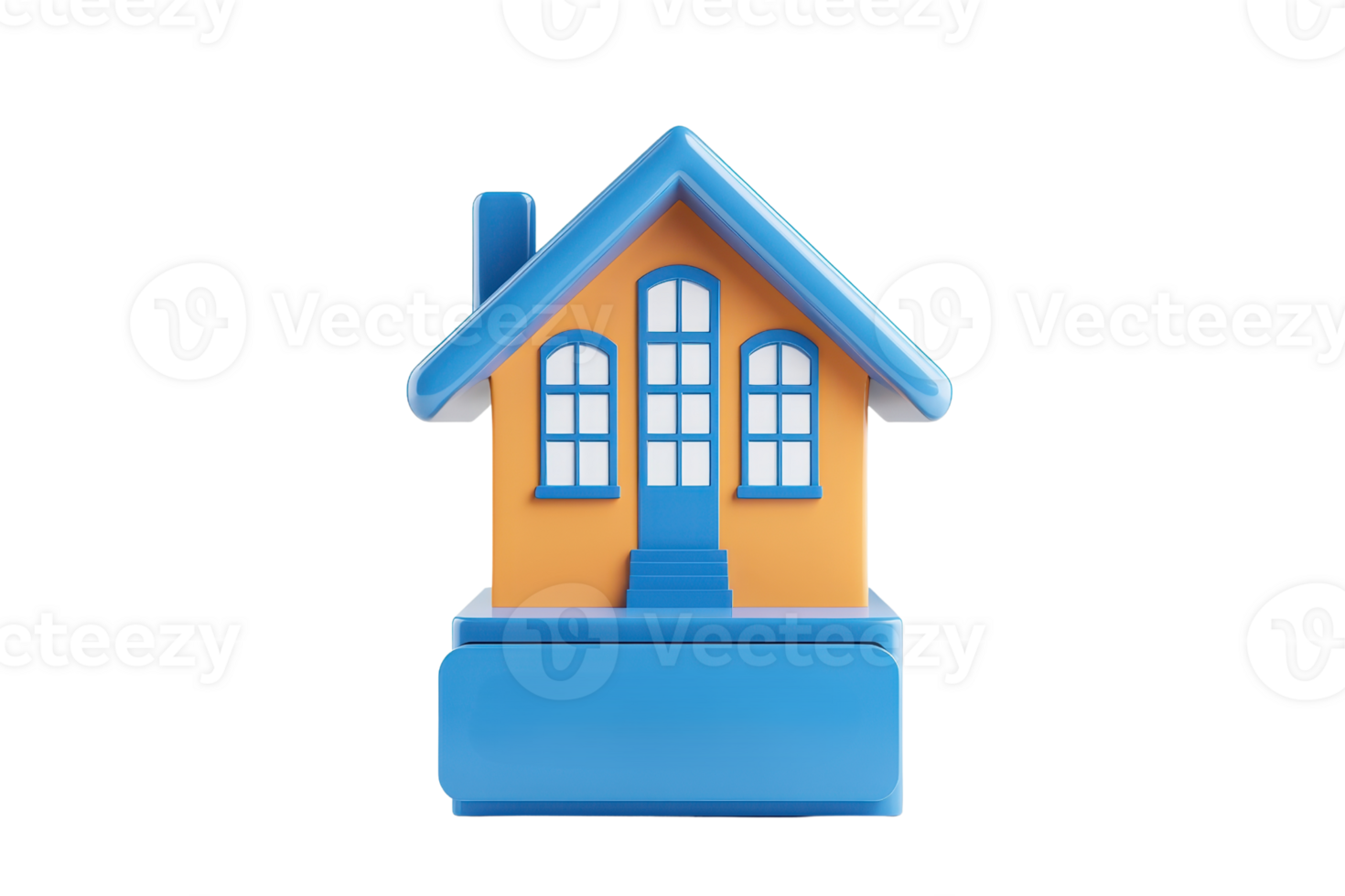 A colorful toy house with a blue roof, large windows, and a welcoming entrance, designed for imaginative play. png