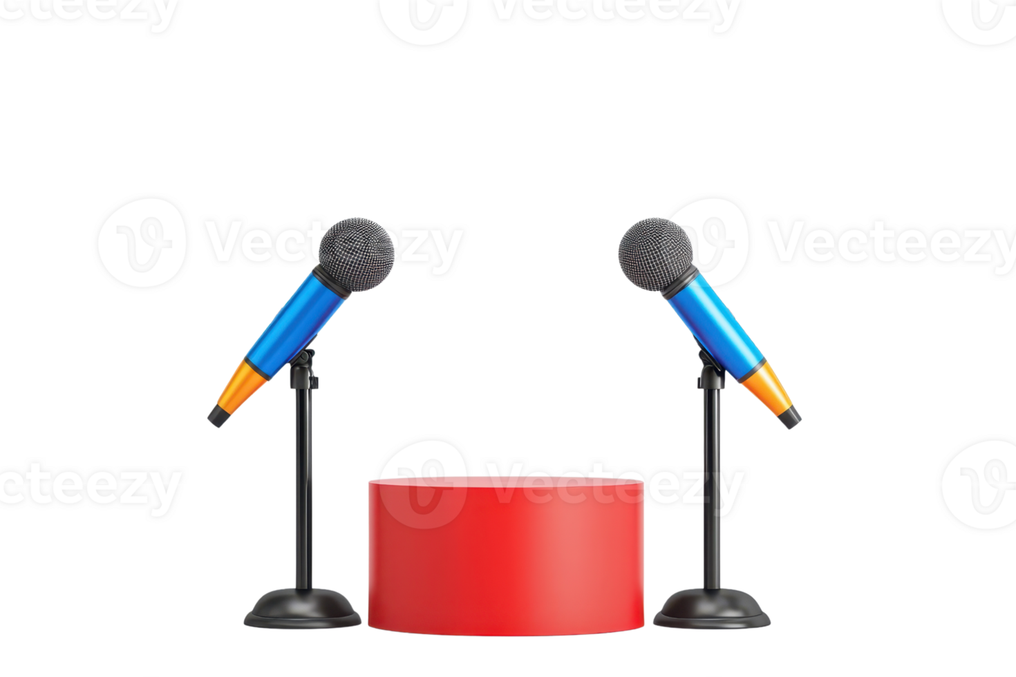 Two microphones with blue handles are positioned on black stands, facing a red podium. png