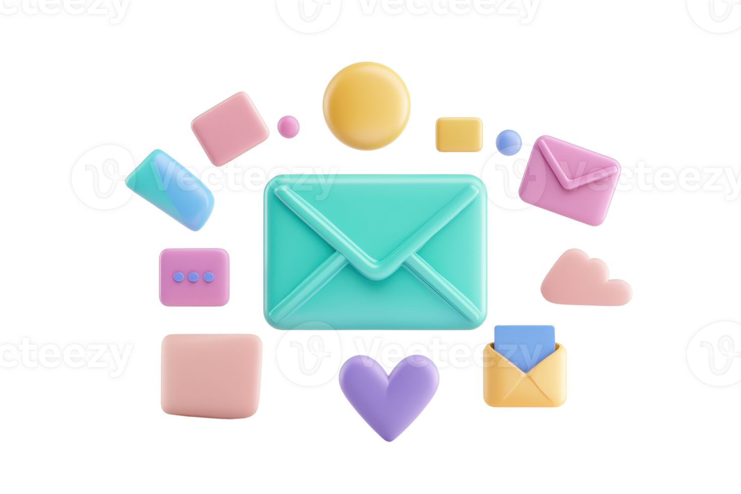 Colorful 3D envelope and various shapes representing communication, including hearts and squares, creating a playful theme. png