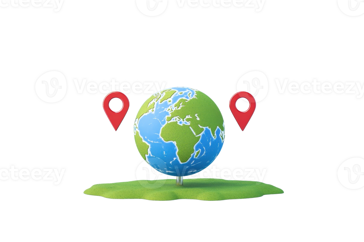 A globe with two location markers on a grassy base, symbolizing geography and navigation. png