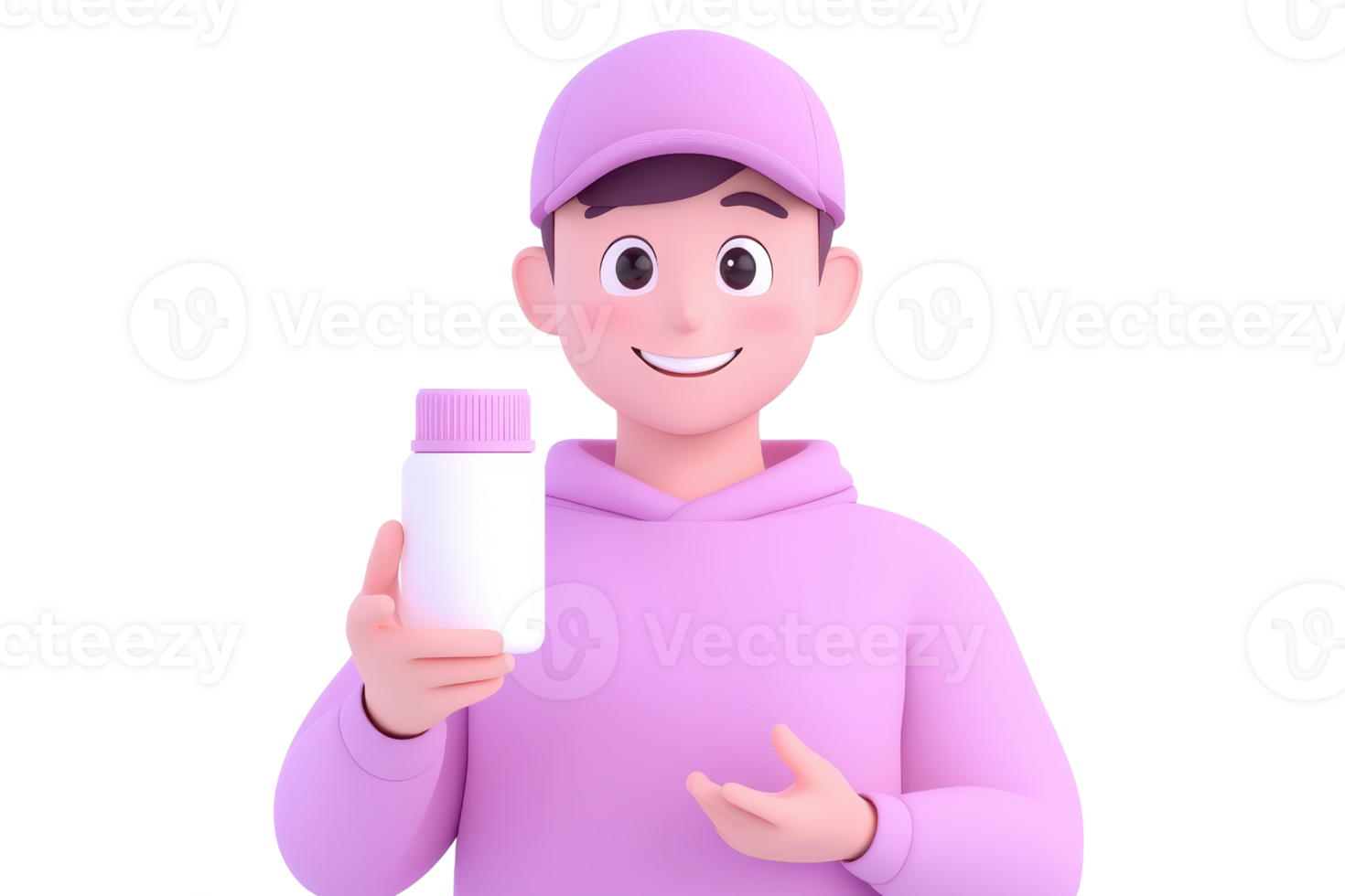 A cheerful character in a pink hoodie and cap holding a white bottle, smiling warmly at the viewer. png