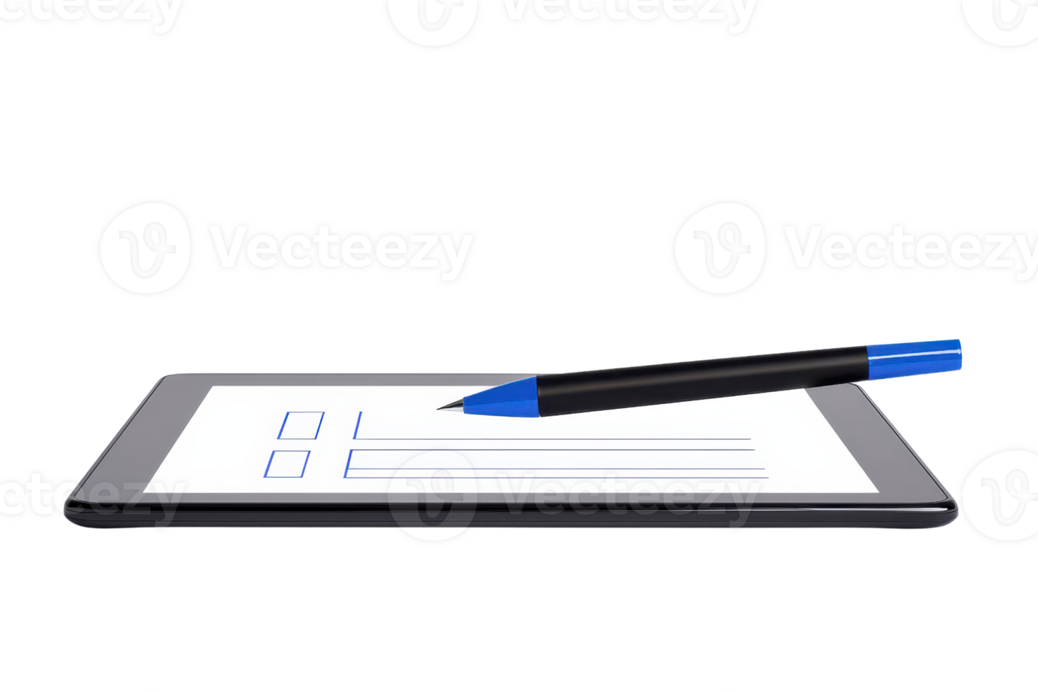 A digital tablet displaying a blank form with a blue pen placed on it. png