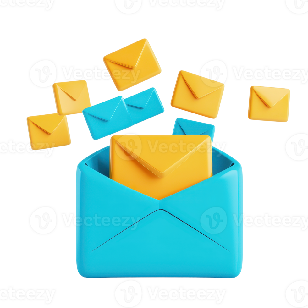 A colorful mail envelope with smaller envelopes flying out, symbolizing communication and message delivery. png