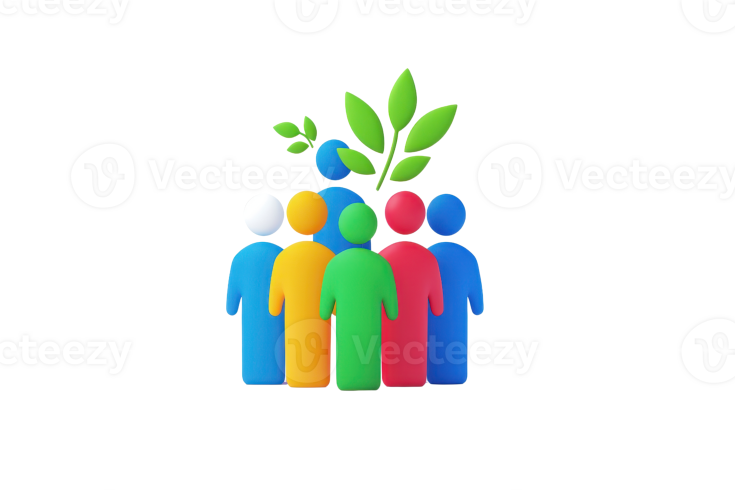A group of colorful human figures united with green leaves, symbolizing community and growth. png