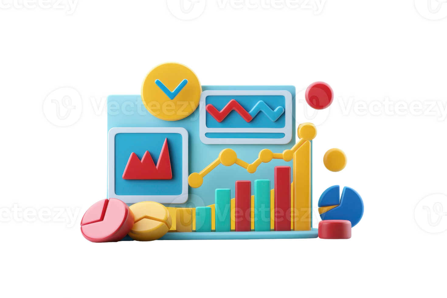 A colorful 3D illustration of various charts and graphs representing data analysis and statistics. png
