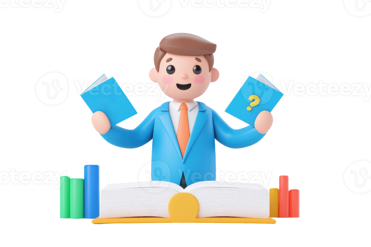 A cheerful character in a blue suit holds two books while standing beside an open book, symbolizing learning and inquiry. png