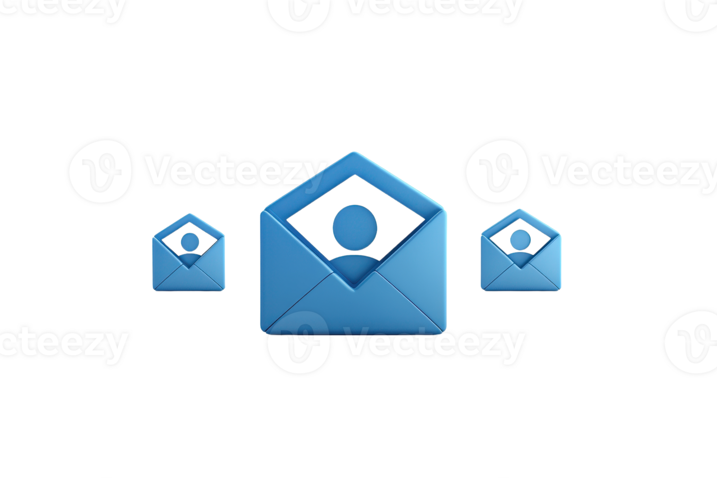 Three blue envelope icons featuring a person profile in the center, symbolizing messaging or communication. png