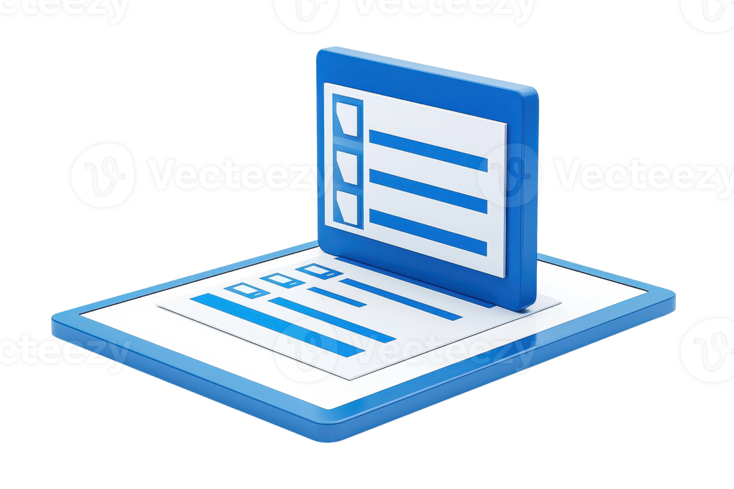 A 3D representation of a checklist interface, featuring an overlay with checkboxes and text fields on a flat surface. png