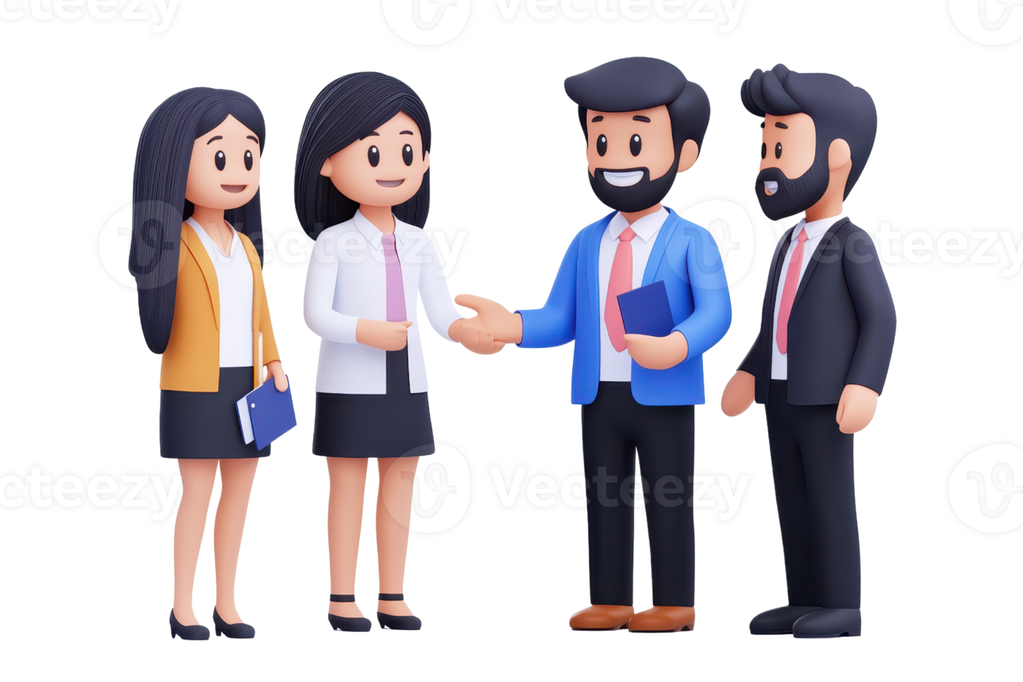 Four stylized characters engaging in a friendly conversation, with two women and two men dressed in professional attire. png