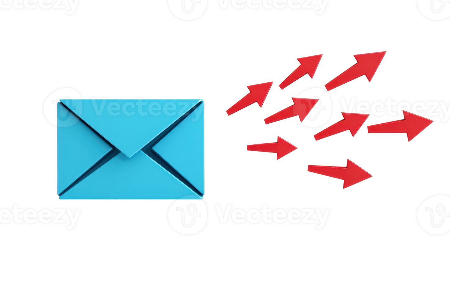 A blue envelope with several red arrows indicating movement or direction. png