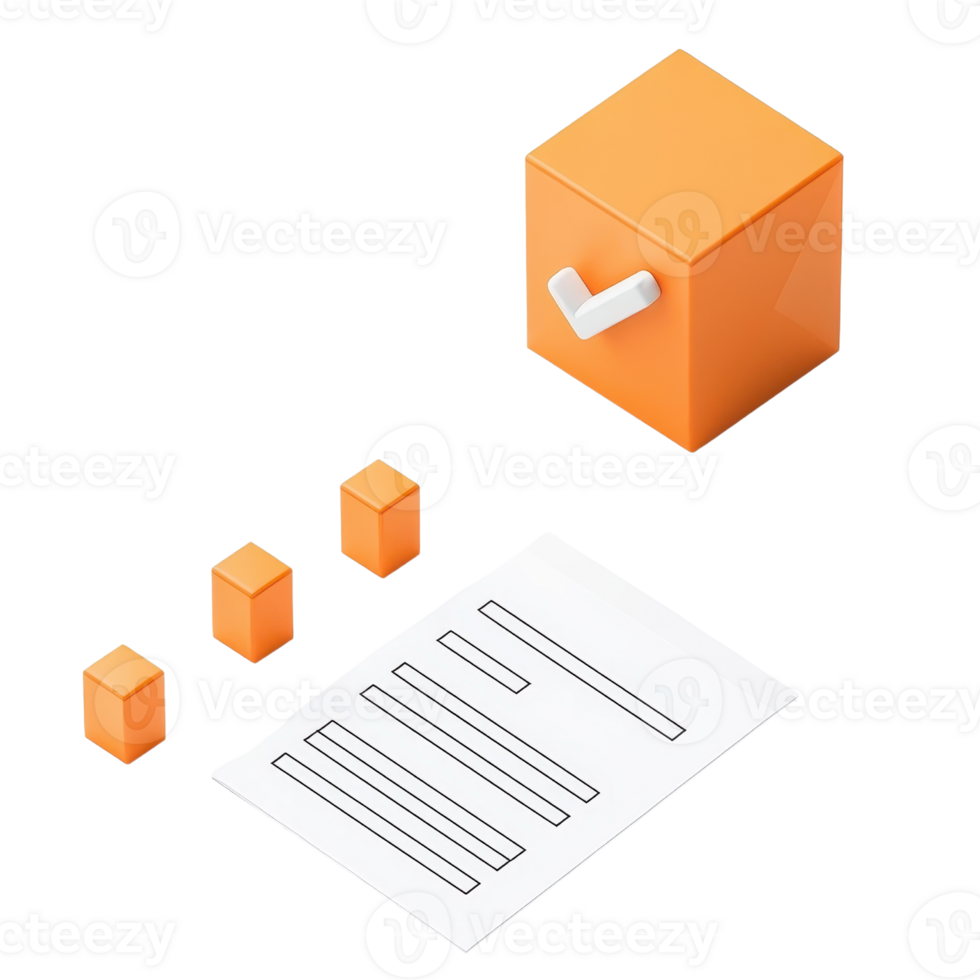 An orange box with a white handle is positioned alongside three smaller blocks and a sheet of paper with lines. png