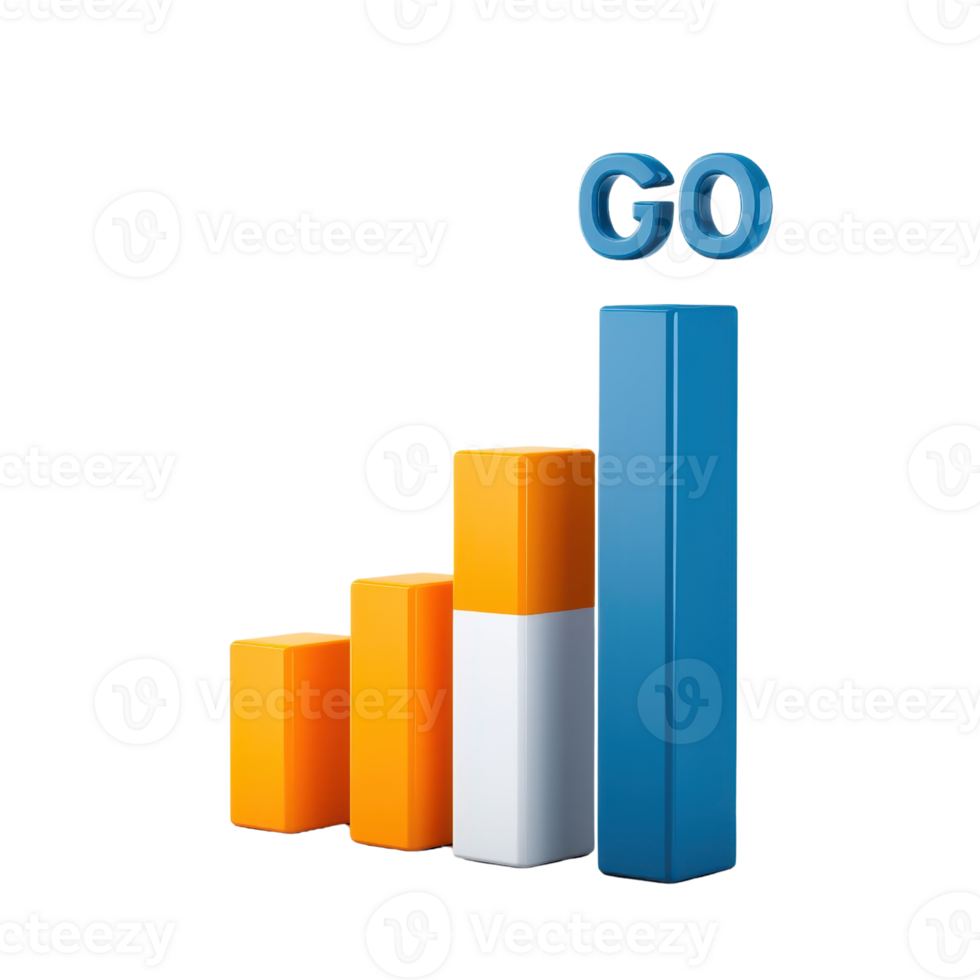 A bar chart with varying heights in orange, white, and blue, accompanied by the word GO in a bold, three-dimensional style. png