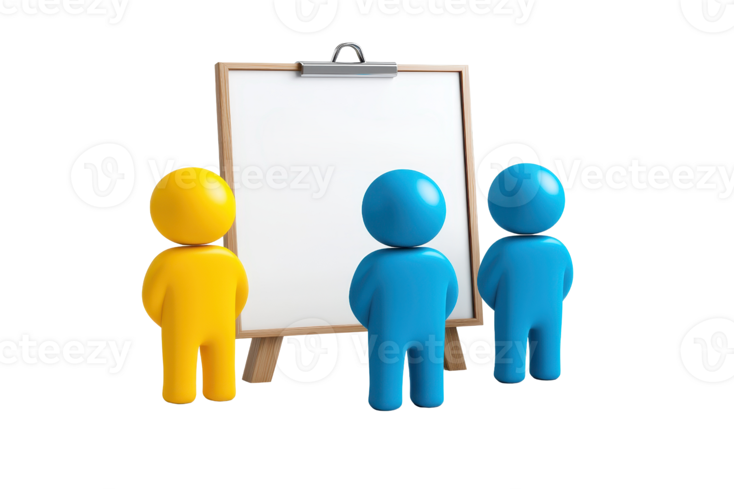 Three colorful figures stand in front of a blank easel, ready to present or brainstorm ideas. png