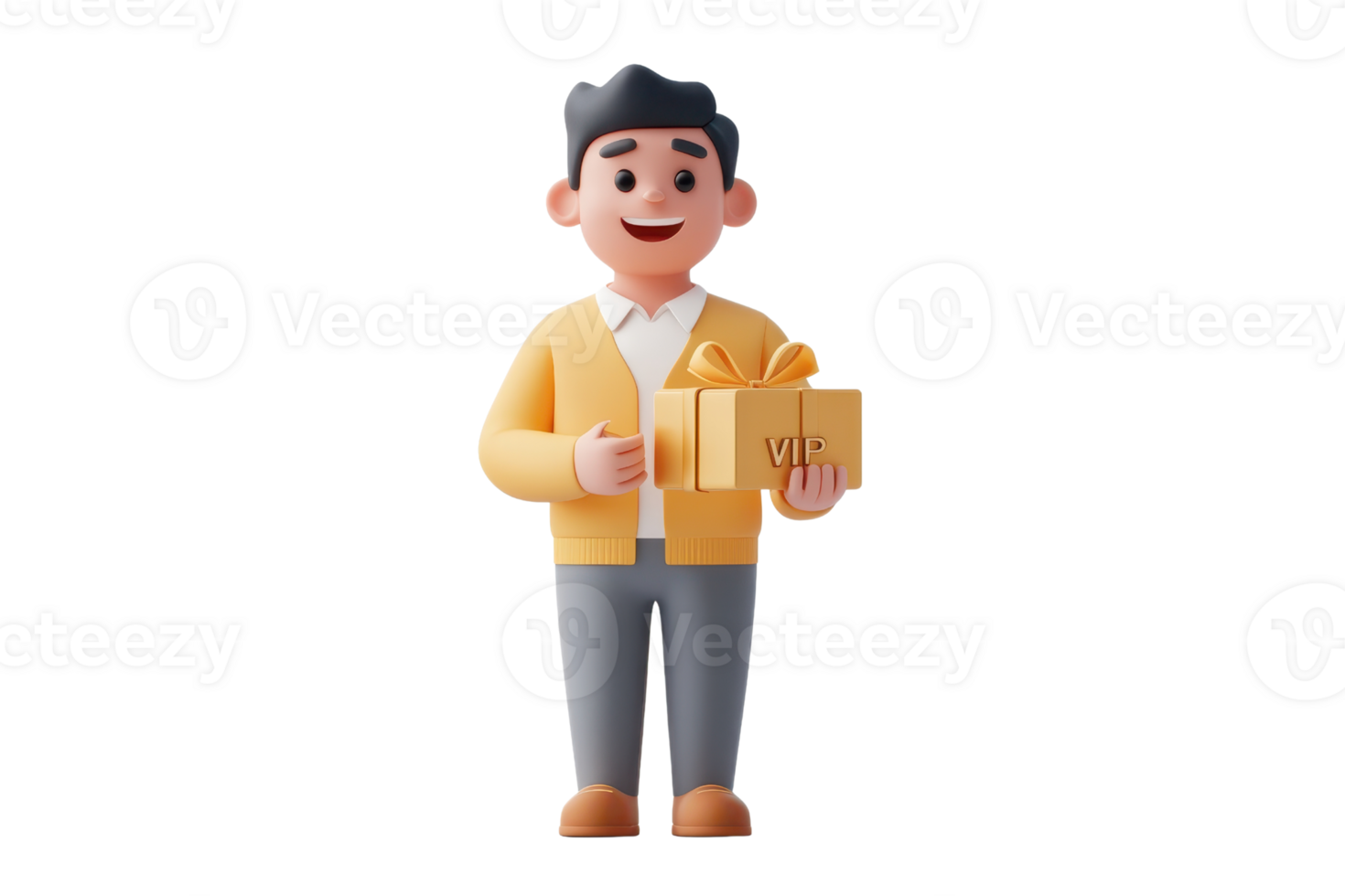 A cheerful character in a yellow sweater holds a gift box adorned with a ribbon, conveying a festive or celebratory mood. png