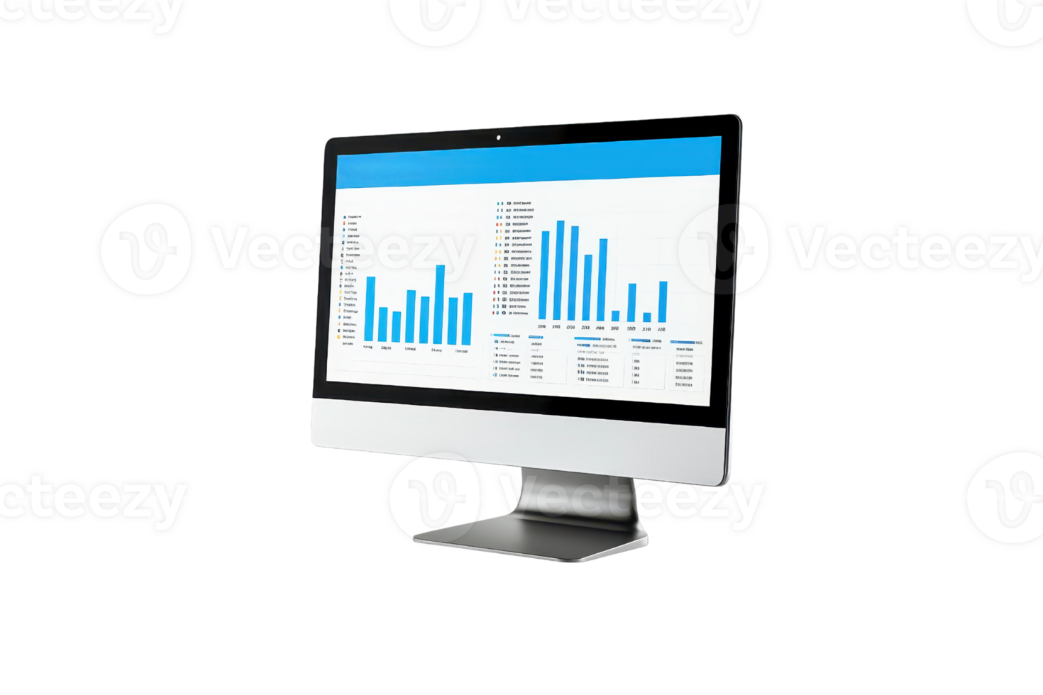 A computer monitor displaying colorful bar graphs and data analytics. png
