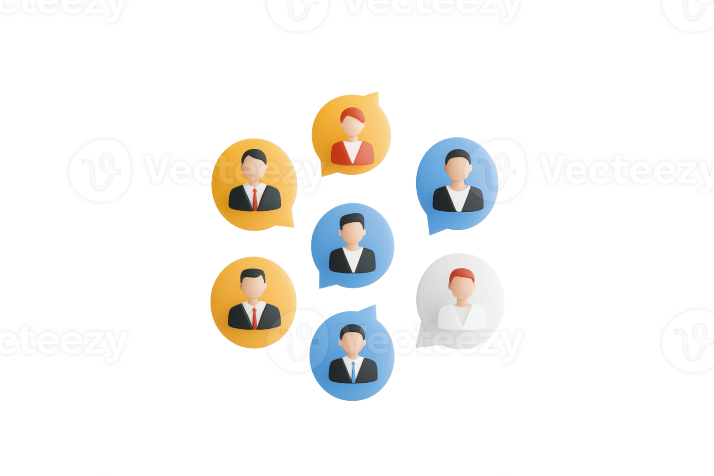 Abstract representations of diverse professionals in speech bubbles, symbolizing communication and collaboration. png