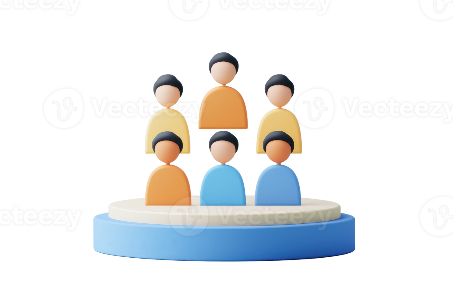 A group of stylized figures arranged in a pyramid formation on a circular platform, showcasing teamwork and collaboration. png