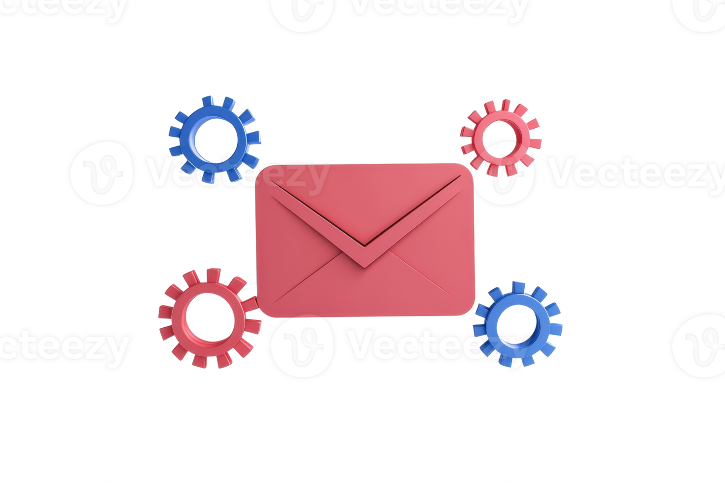 A pink envelope surrounded by blue and red gears symbolizes communication and technology. png