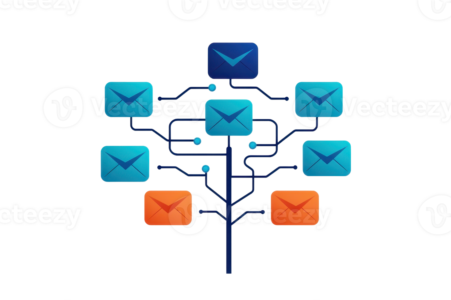 A visual representation of a network of email icons connected by lines, illustrating communication pathways. png