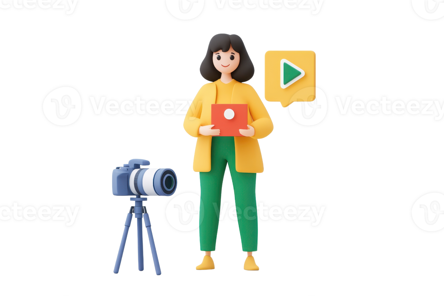 A young woman holds a red box while standing next to a camera on a tripod and a speech bubble with a play icon. png
