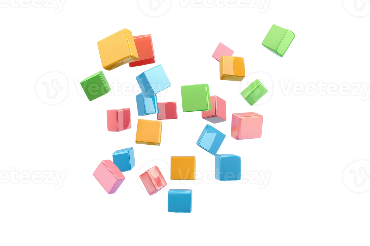 Colorful, assorted cubes in various sizes scattered in a dynamic arrangement. png