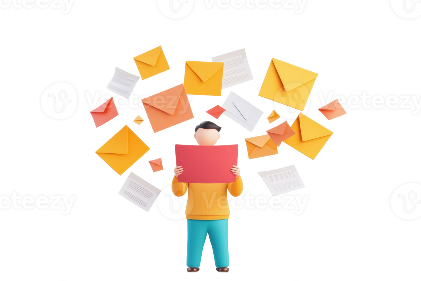 A character holds a red envelope surrounded by various colorful envelopes, representing communication and message delivery. png