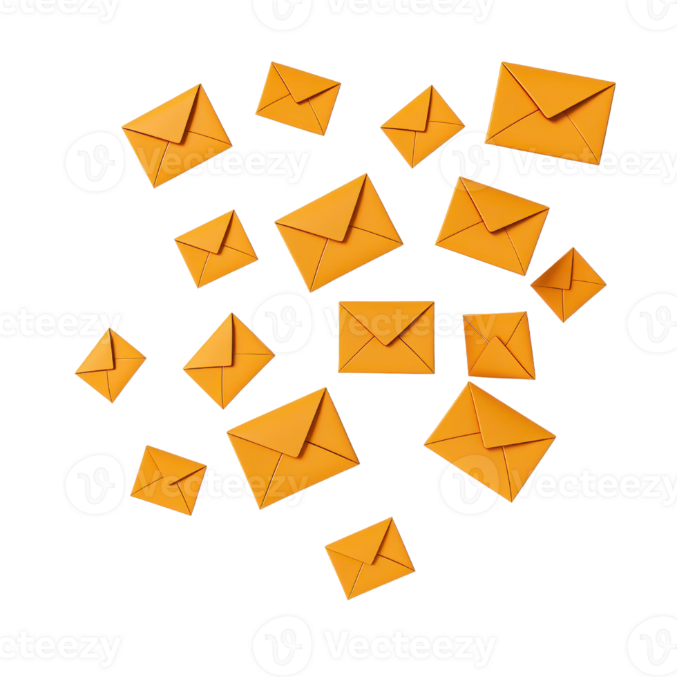 A collection of orange envelopes in various sizes and orientations. png